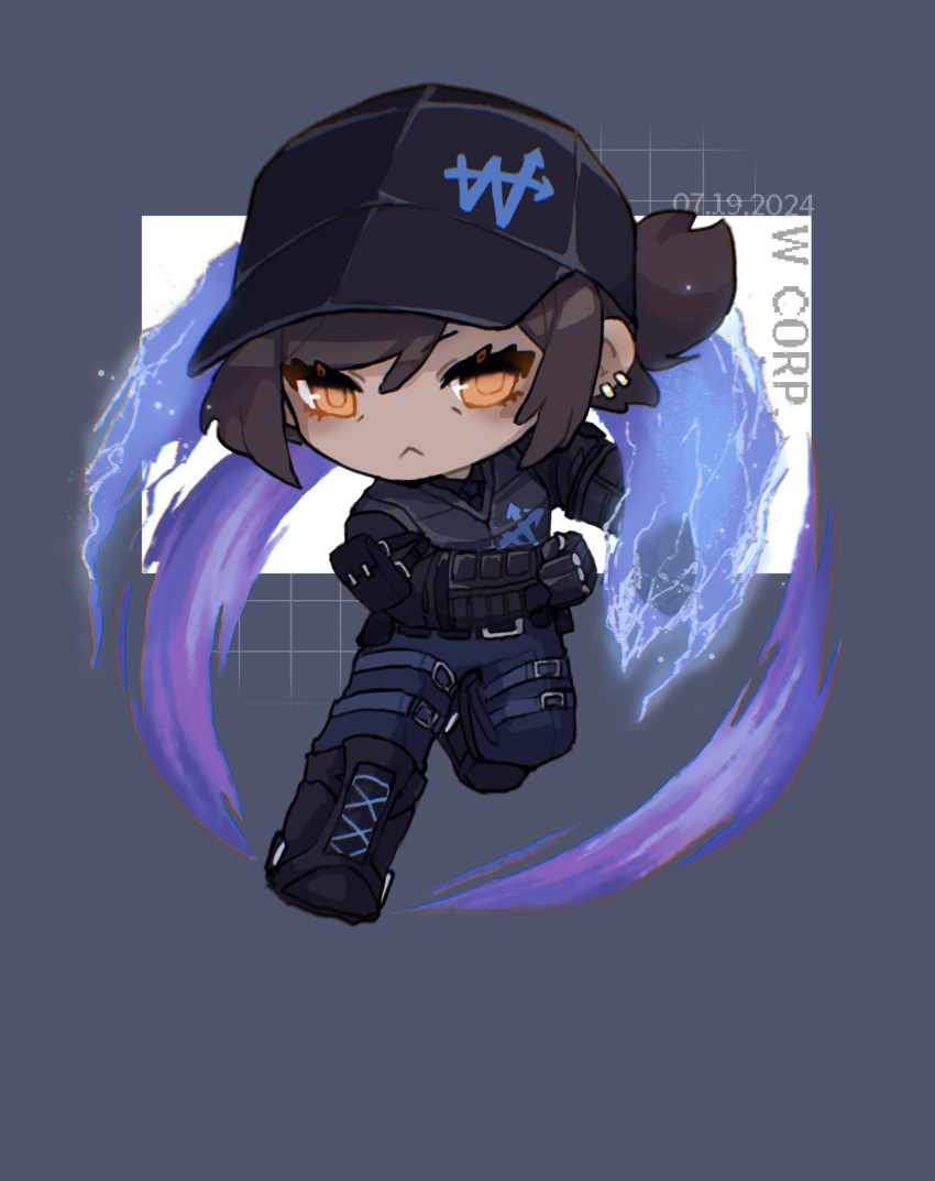 1girl, :<, absurdres, baseball_cap, black_footwear, black_gloves, black_hat, black_shirt