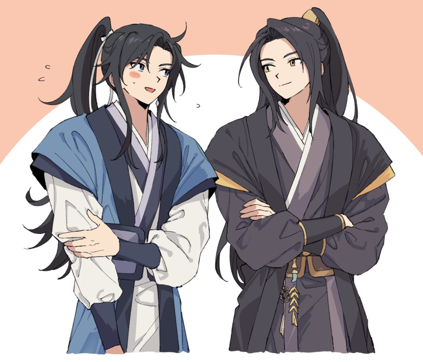 2boys, bibi_(p_pp8888), black_hair, blue_eyes, blush, chinese_clothes, closed_mouth, crossed_arms