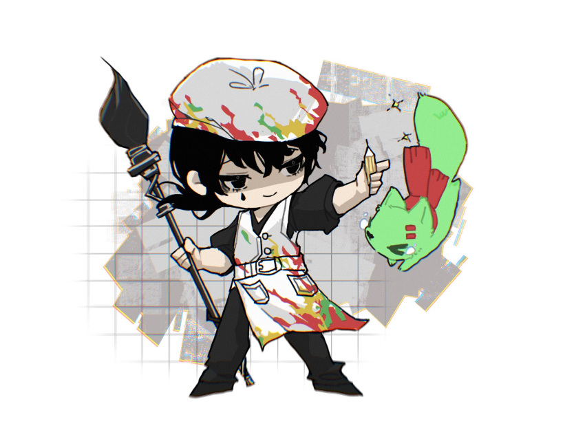 1boy, apron, beret, black_eyes, black_hair, black_pants, black_shirt, chibi