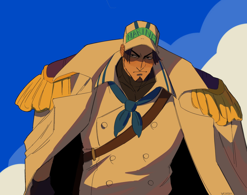 1boy, blue_neckerchief, blue_sky, clouds, coat, coat_on_shoulders, commentary, elder_marine_brother