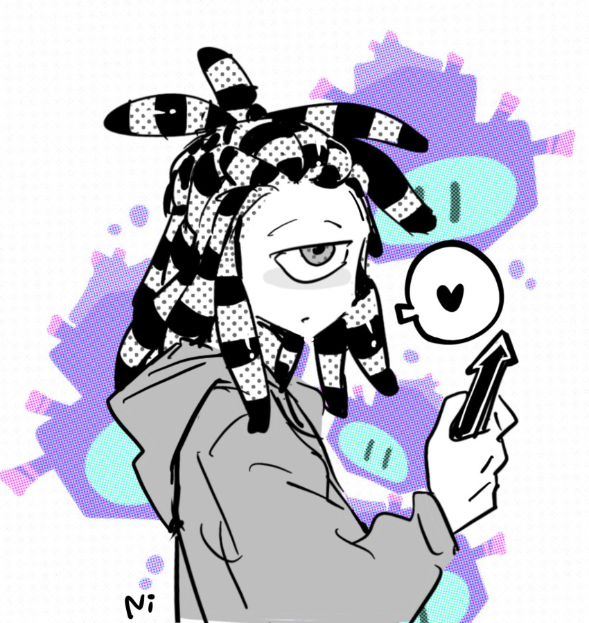 1boy, cyclops, daleyzah27554, greyscale_with_colored_background, heart, highres, holding, holding_phone, hood, hoodie, murch_(splatoon), one-eyed, phone, sea_urchin, splatoon_(series), splatoon_3, spoken_heart, super_sea_snail