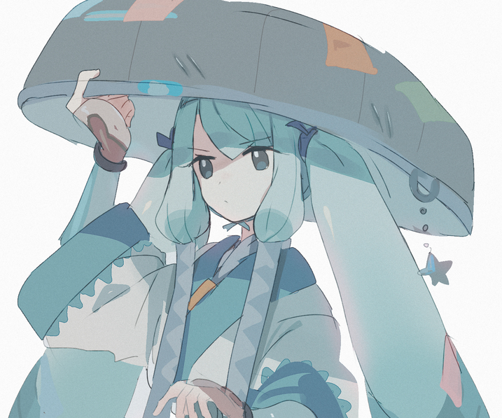 1girl, closed_mouth, commentary_request, green_hair, hair_tubes, hand_on_headwear, hat, hat_ornament