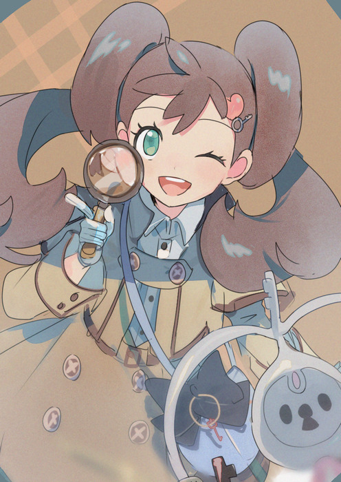1girl, ;d, brown_hair, buttons, collared_shirt, commentary_request, eyelashes, gloves