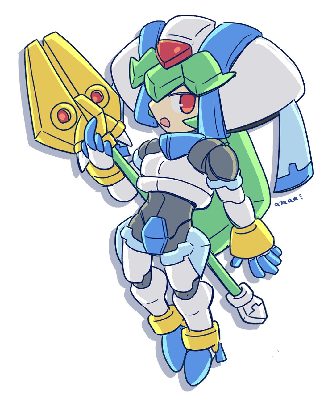 1girl, ama_megaman, armor, chibi, crotch_plate, forehead_jewel, full_body, green_hair