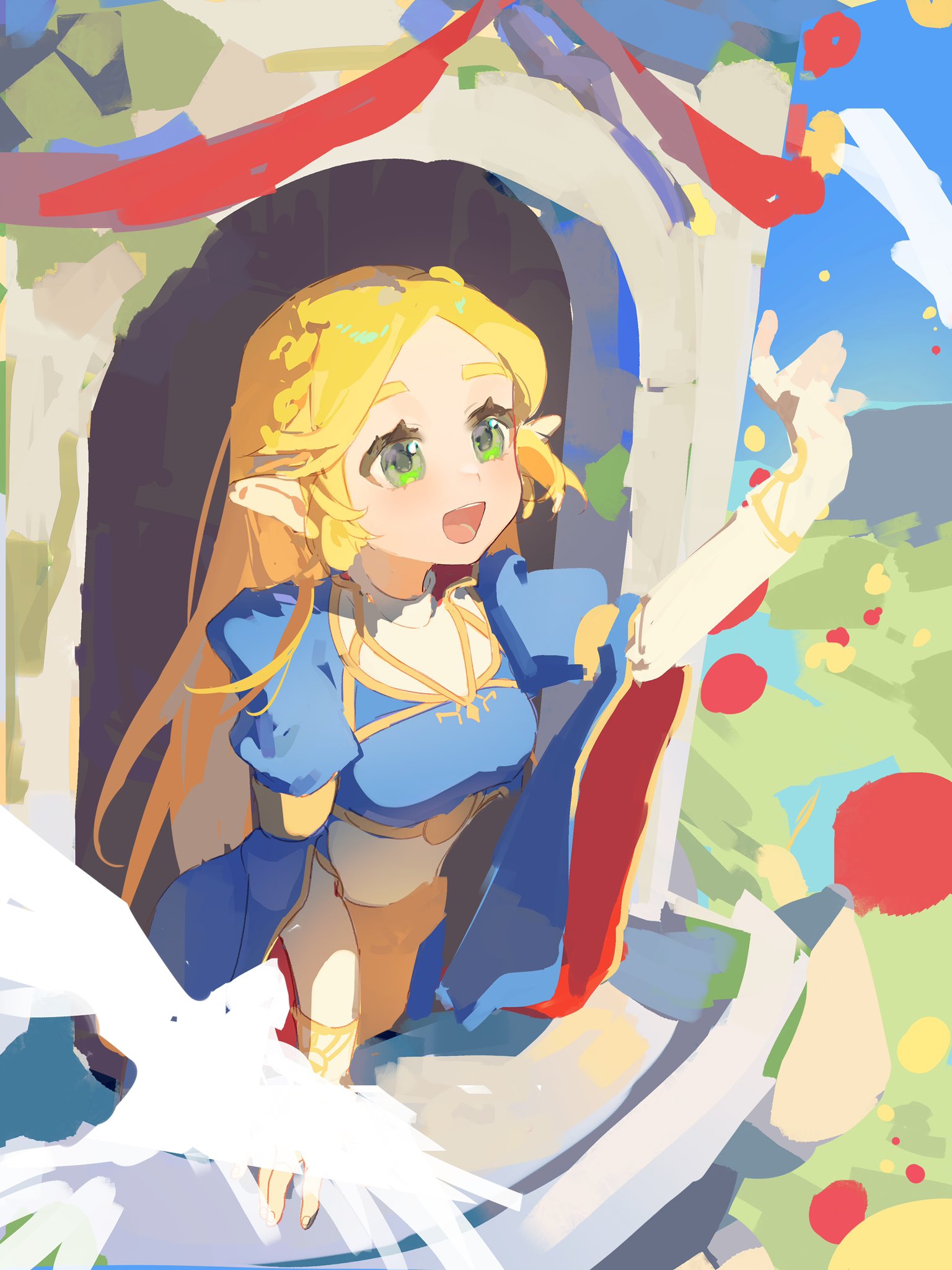 1girl, bird, blonde_hair, blue_dress, chinese_commentary, commentary_request, dress, elbow_gloves