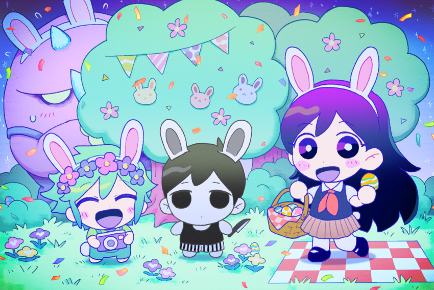 1girl, 3boys, :d, ^_^, ahoge, animal_ear_hairband, animal_ears, basil_(headspace)_(omori), basil_(omori), basket, black_eyes, black_footwear, black_hair, black_sweater_vest, black_tank_top, blue_flower, blue_sky, boss_(omori), bright_pupils, brown_skirt, bush, camera, chibi, chibi_only, closed_eyes, closed_mouth, collared_shirt, colored_skin, confetti, dot_mouth, dot_nose, double-parted_bangs, easter_egg, egg, empty_eyes, fake_animal_ears, fake_tail, flower, flower_wreath, forest_bunny_(omori), g_tsurius, grass, green_hair, green_overalls, green_shirt, hair_behind_ear, hair_between_eyes, hairband, head_wreath, holding, holding_basket, holding_camera, holding_egg, holding_knife, knife, long_hair, looking_at_viewer, mari_(headspace)_(omori), mari_(omori), mary_janes, multiple_boys, neckerchief, no_pupils, omori, omori_(omori), open_mouth, outdoors, overalls, picnic_basket, picnic_blanket, pink_flower, purple_flower, purple_hair, purple_skin, rabbit_ear_hairband, rabbit_ears, rabbit_tail, red_neckerchief, shirt, shoes, short_hair, short_sleeves, shorts, skirt, sky, smile, standing, striped_clothes, striped_shorts, sweatdrop, sweater_vest, tail, tank_top, tongue, tongur, tree, vertical-striped_clothes, vertical-striped_shorts, violet_eyes, white_hairband, white_pupils, white_skin, white_tail, yellow_flower