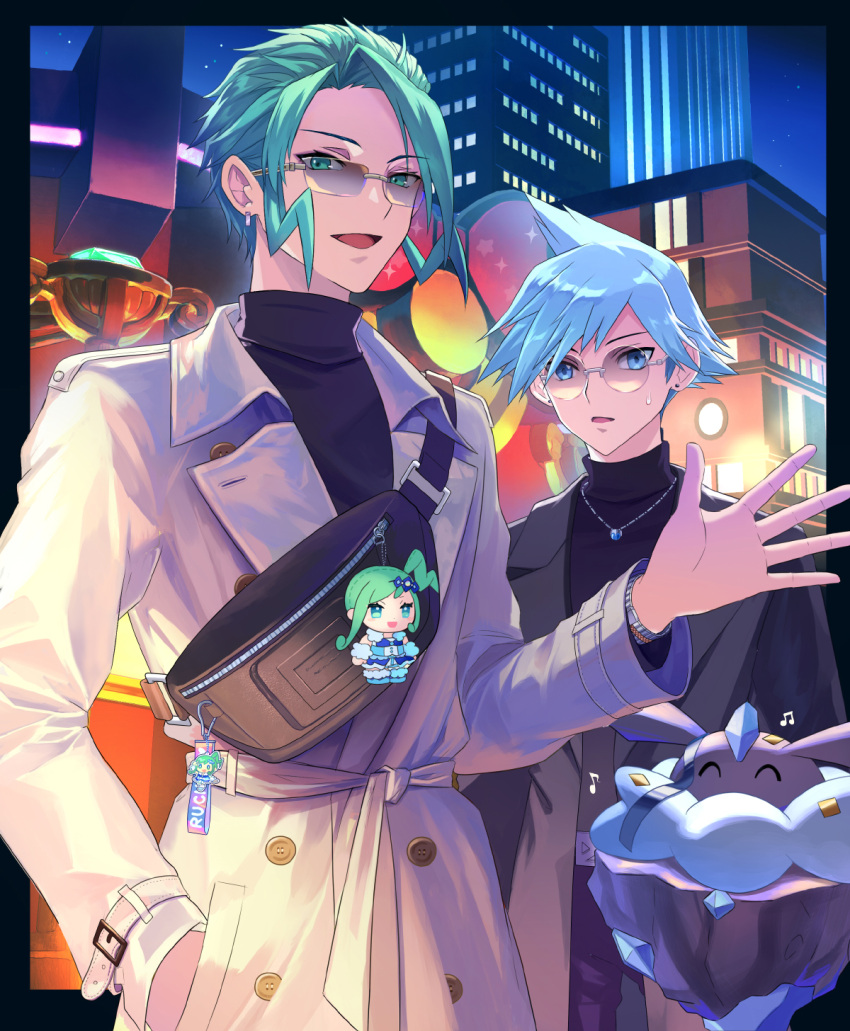 2boys, black_bag, black_sweater, blue_eyes, blue_gemstone, blue_hair, buckle, building