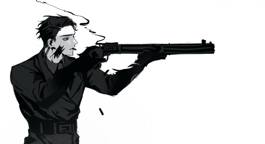 1boy, black_coat, black_hair, black_jacket, black_necktie, black_shirt, chanil_(muexlku), cigarette, coat, collared_shirt, commentary_request, e.g.o_(project_moon), earpiece, gun, hands_up, highres, holding, holding_gun, holding_weapon, hole-in-the-man, jacket, korean_commentary, lapels, limbus_company, meursault_(project_moon), necktie, notched_lapels, project_moon, shell_casing, shirt, smoke, smoking, solo, upper_body, weapon