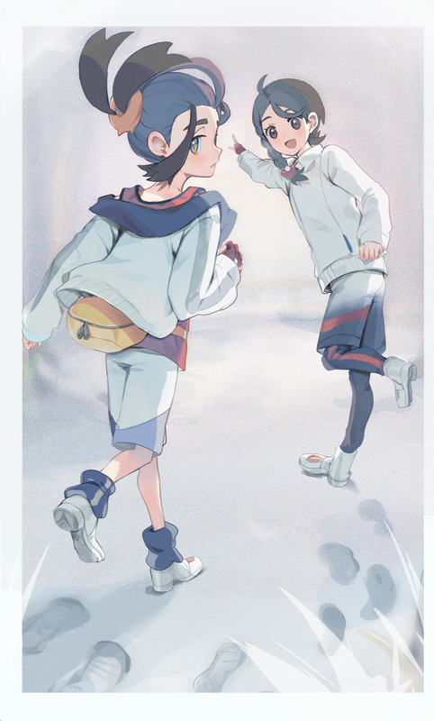 1boy, 1girl, ahoge, blue_socks, braid, brown_eyes, brown_hair, commentary_request