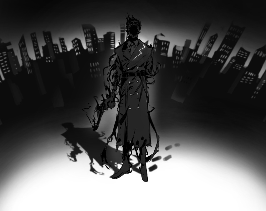 1boy, belt, black_belt, black_coat, black_hair, black_necktie, black_pants, black_shirt, buttons, chanil_(muexlku), coat, collared_shirt, double-breasted, e.g.o_(project_moon), earpiece, full_body, gun, highres, holding, holding_gun, holding_weapon, hole-in-the-man, hollow_body, lapels, limbus_company, meursault_(project_moon), necktie, notched_lapels, pants, project_moon, shirt, smoke, solo, weapon
