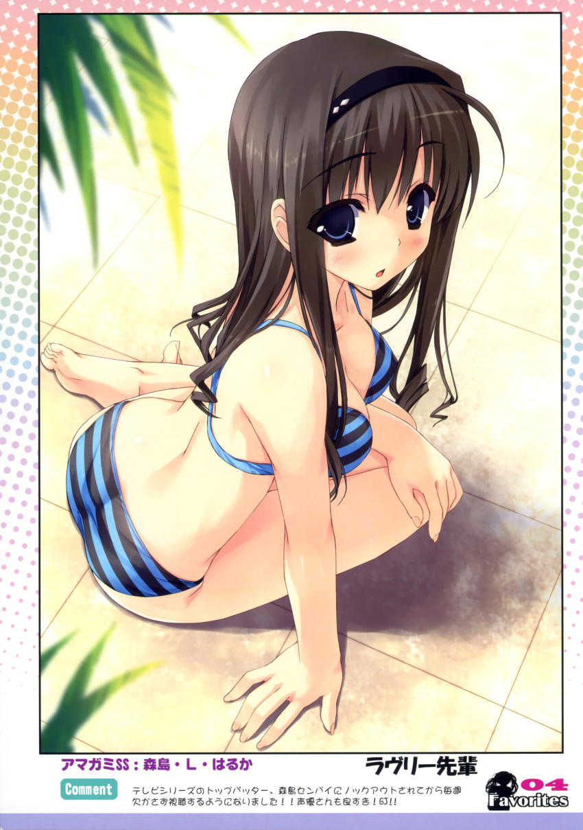 absurdres, amagami, barefoot, bikini, blush, breasts, brown_hair, cleavage