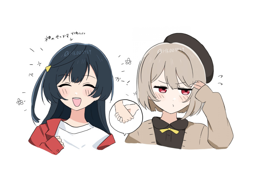 2girls, :d, ^_^, arrow_(symbol), asymmetrical_hair, averting_eyes, black_hair, black_shirt