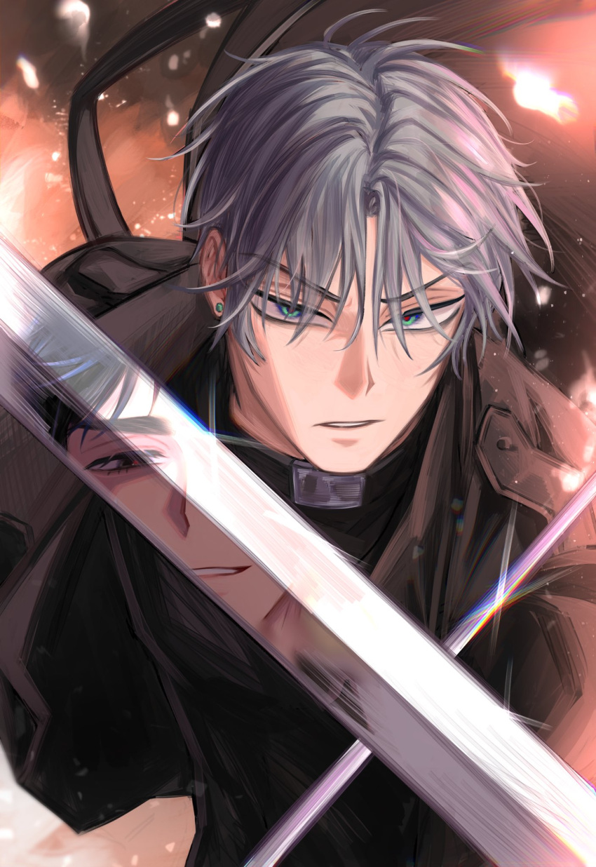 1boy, alien_stage, aqua_eyes, black_coat, black_shirt, coat, commentary, cosplay, derivative_work, earrings, english_commentary, grey_hair, highres, holding, holding_sword, holding_weapon, ivan_(alien_stage), jewelry, meikyuk, omniscient_reader's_viewpoint, red_pupils, reflective_weapon, shirt, short_hair, sword, sword_clash, till_(alien_stage), very_short_hair, weapon, yoo_joonghyuk, yoo_joonghyuk_(cosplay)
