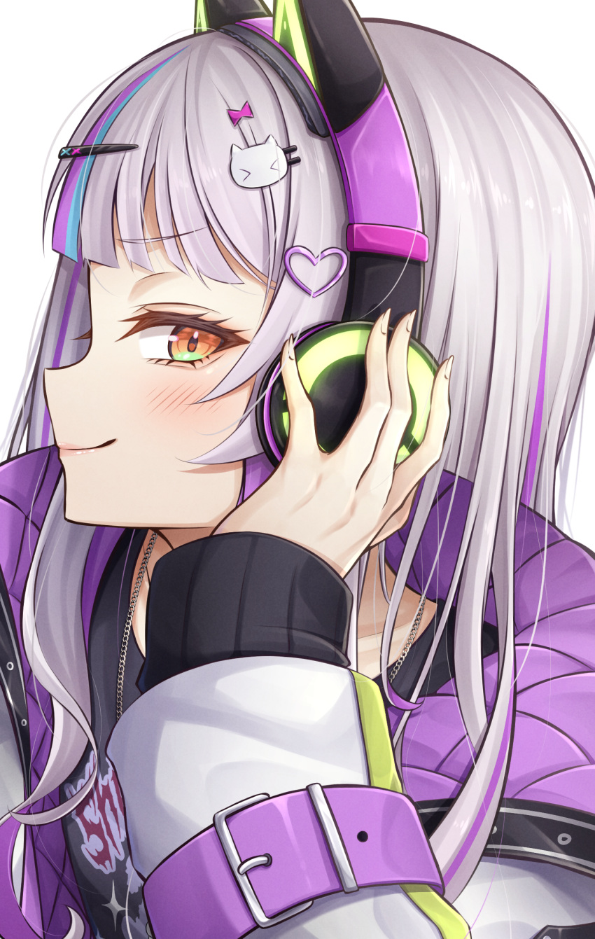 1girl, animal_ear_headphones, animal_ears, black_shirt, blush, cat_ear_headphones, closed_mouth, commentary
