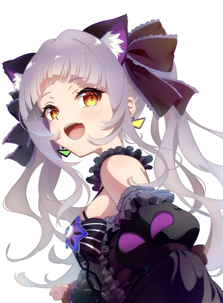 1girl, animal_ear_fluff, animal_ears, arched_bangs, bare_shoulders, black_dress, black_sleeves, blush