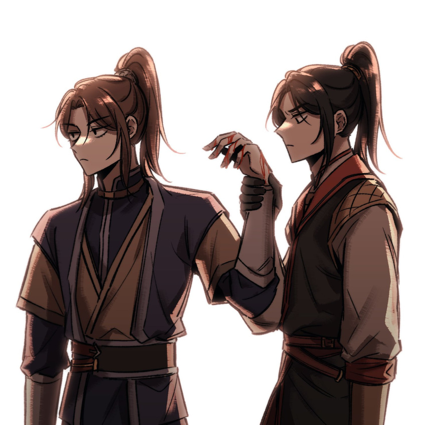 2boys, black_eyes, black_hair, blood, blood_on_hands, blue_hanfu, brown_hair, brown_hanfu