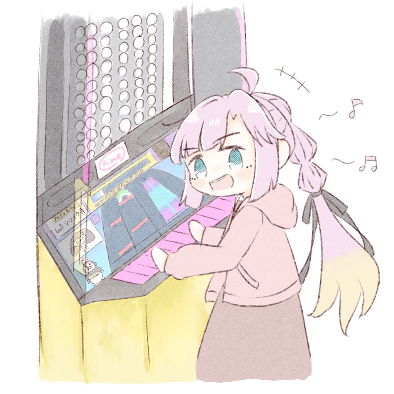 +++, 1girl, :d, ahoge, amano_tatsu, anyoji_hime, arcade_cabinet, beamed_eighth_notes