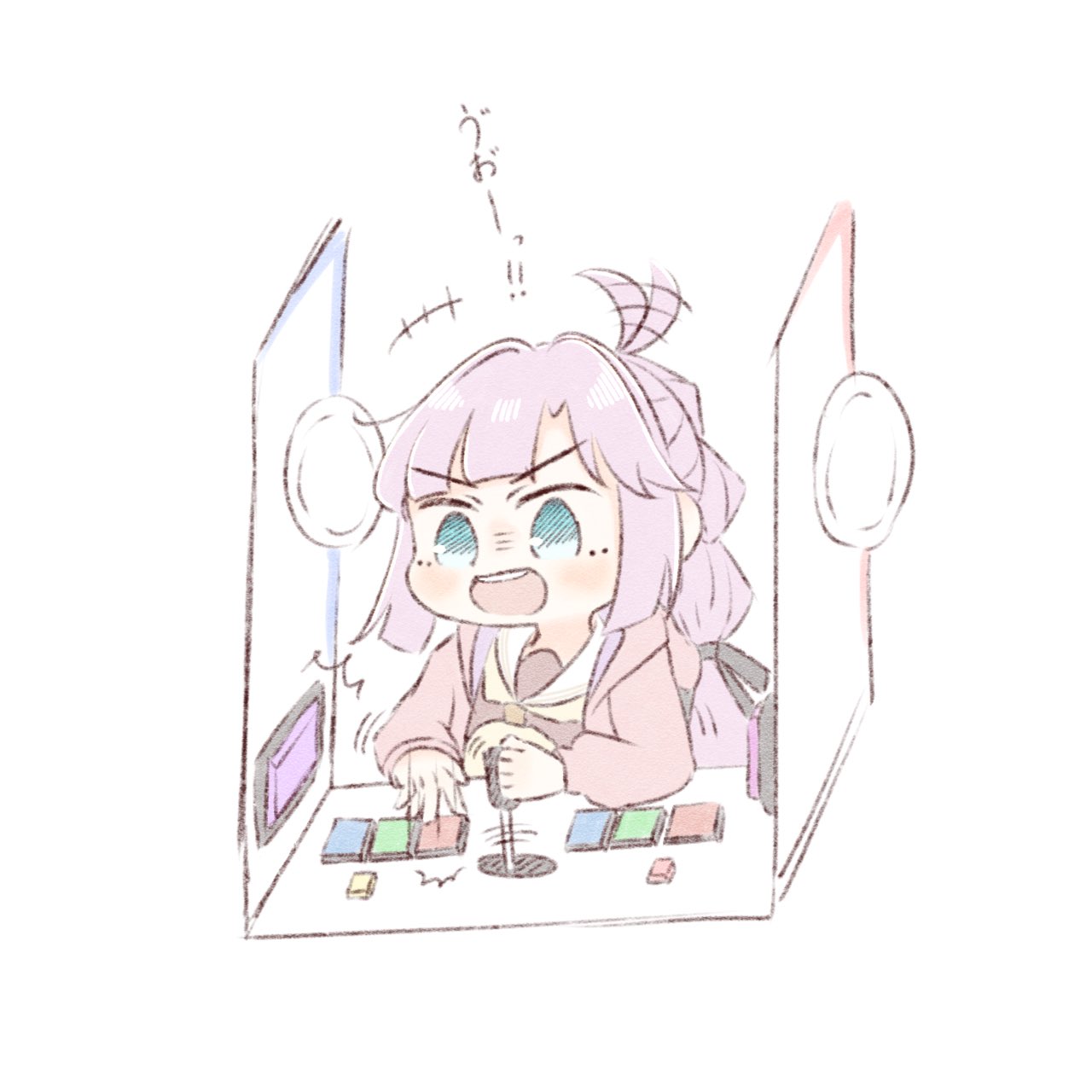+++, 1girl, :d, ahoge, ahoge_wag, amano_tatsu, anyoji_hime, arcade_cabinet