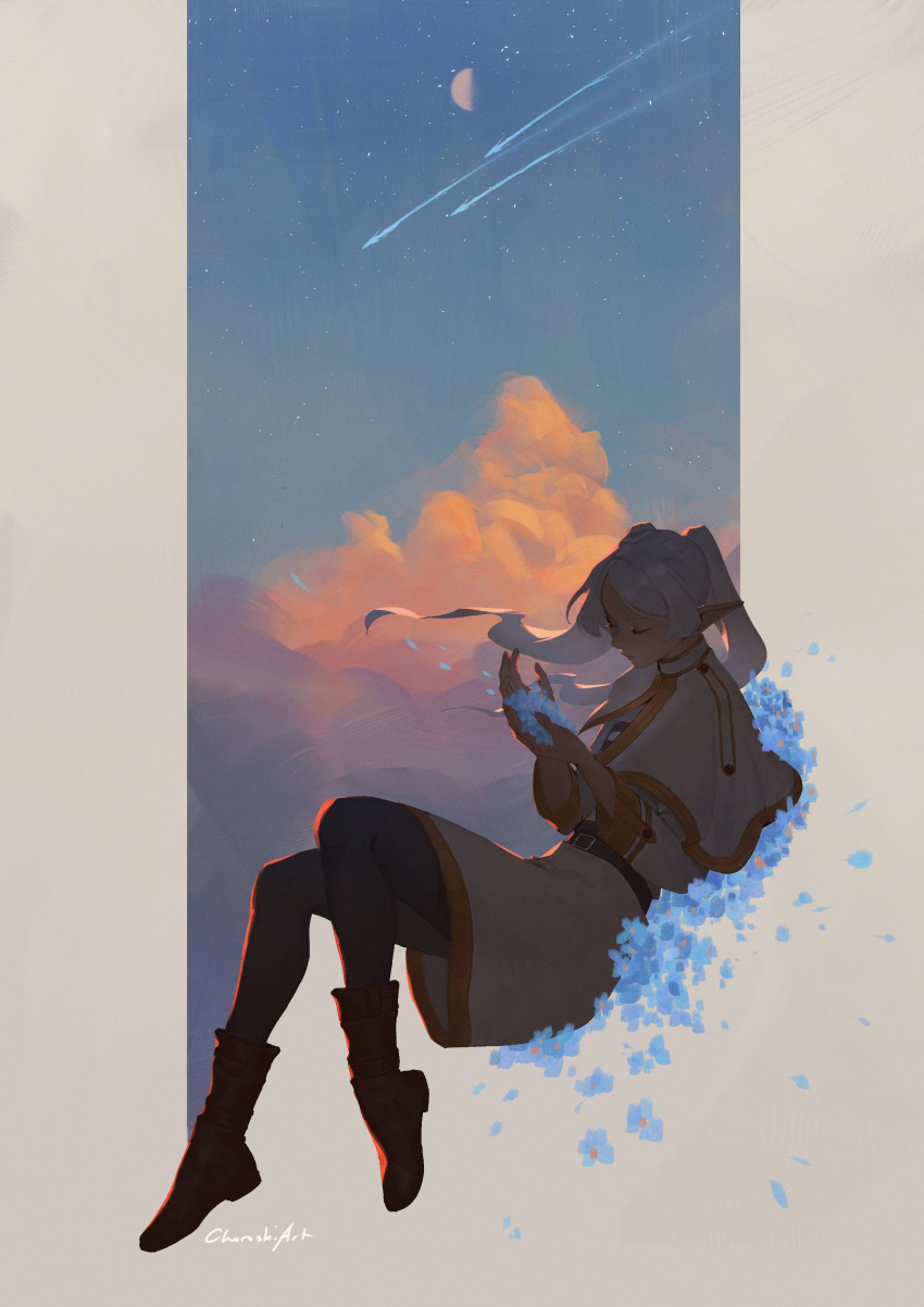 1girl, absurdres, blue_petals, brown_footwear, choroskiart, dress, elf, floating_hair
