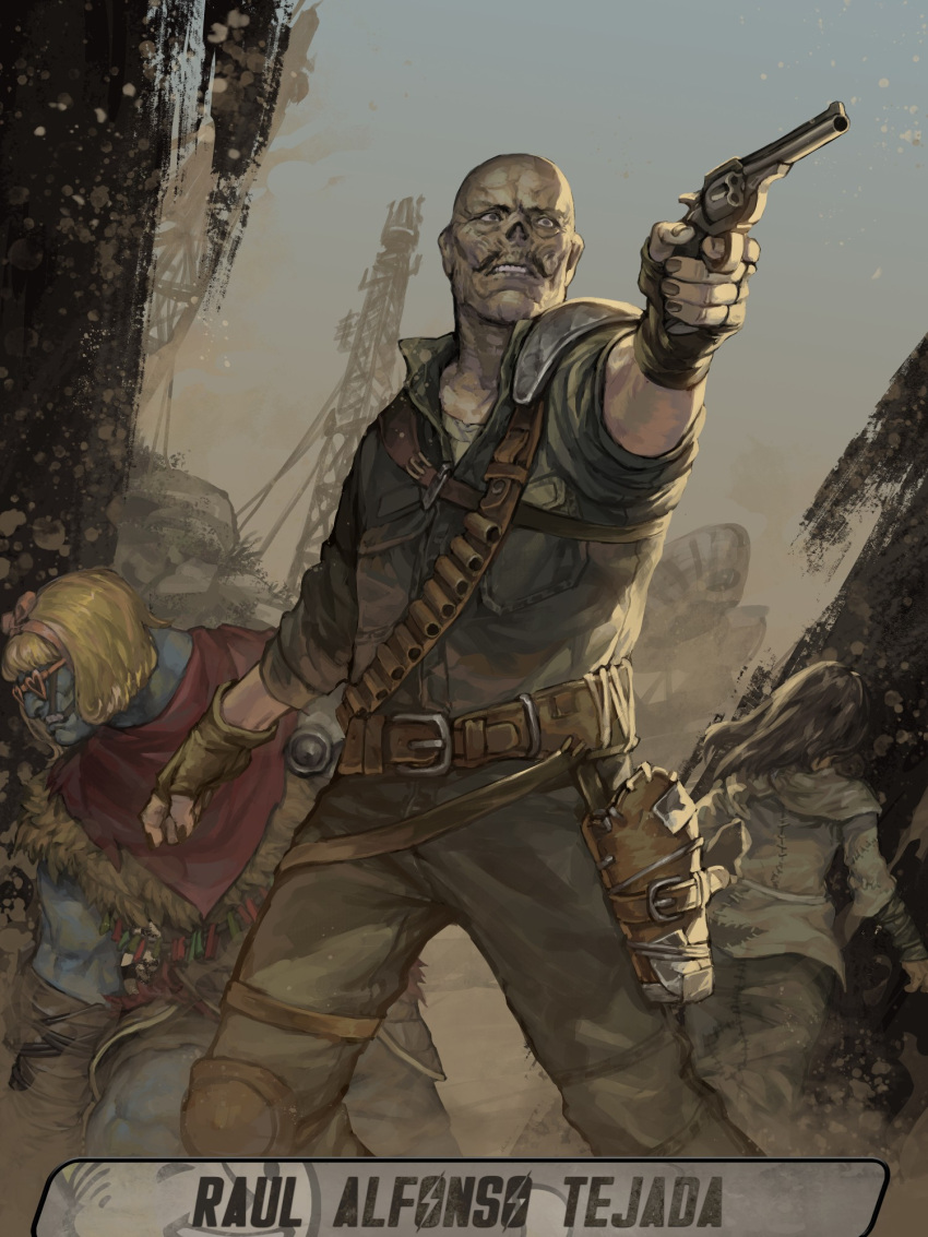 1boy, 2girls, armor, bald, bandolier, belt, blonde_hair, blue_skin