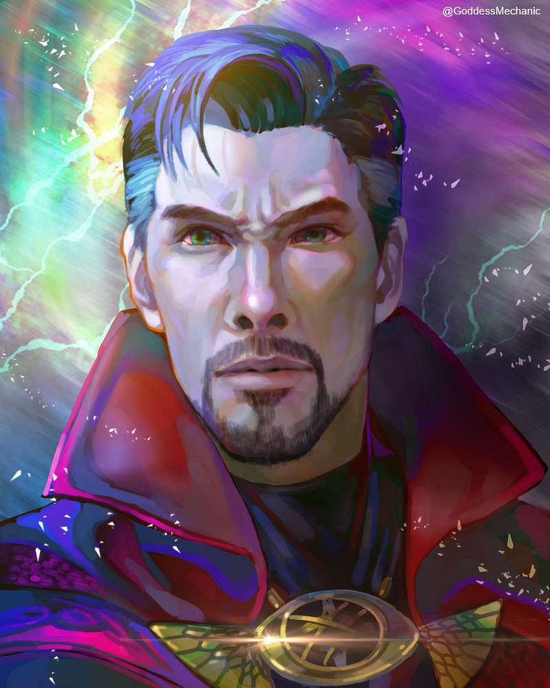 1boy, black_hair, cape, commentary_request, doctor_strange, doctor_strange_(series), doctor_strange_in_the_multiverse_of_madness, eye_of_agamotto