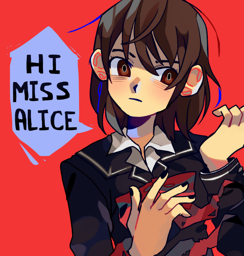 1girl, asleepyy, black_jacket, black_nails, bow, brown_eyes, brown_hair, closed_mouth