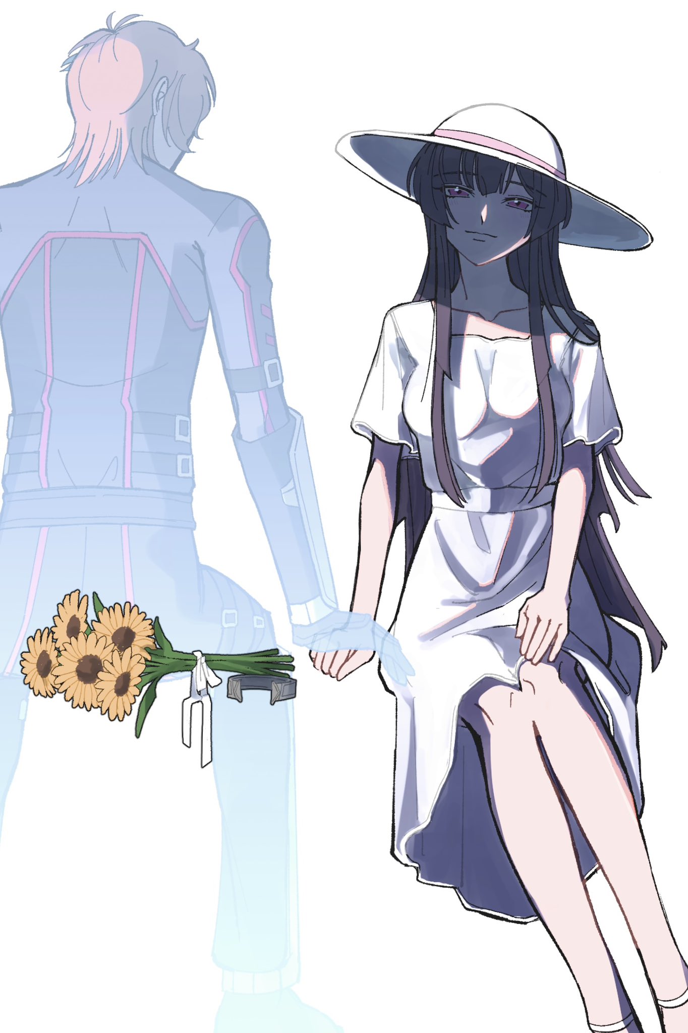 ash_phoenix, back, bare_legs, black_hair, blonde_hair, blunt_bangs, blush, breasts