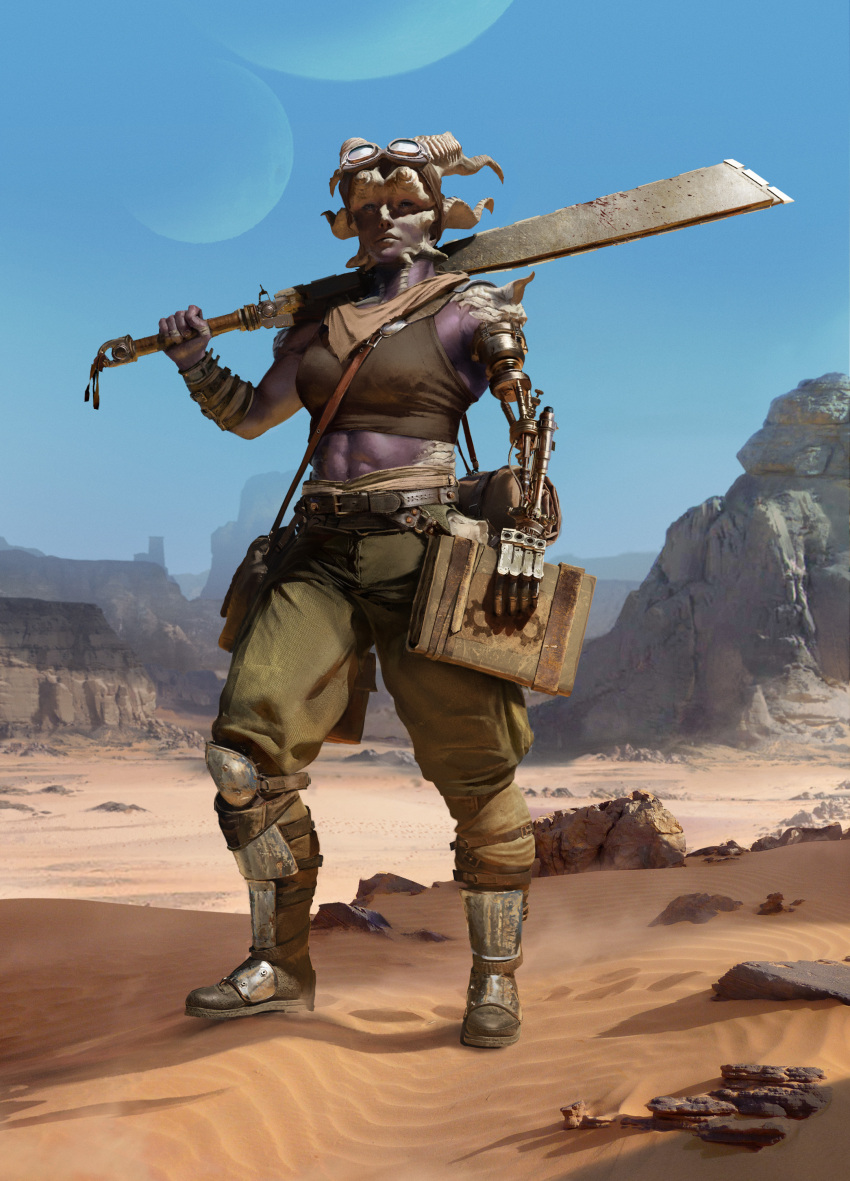 1girl, abs, absurdres, bag, belt, blue_sky, boots, bracer