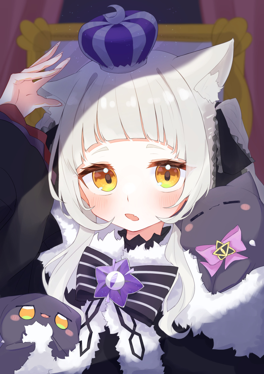 1girl, absurdres, adjusting_clothes, adjusting_headwear, animal_ear_fluff, animal_ears, ao_growth_20, arched_bangs