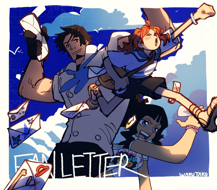 >_<, 1boy, 2girls, afro, arms_up, black_hair, blue_eyes, blue_neckerchief