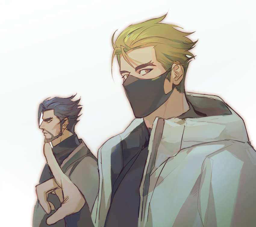 2boys, bbbbucks, beard, black_hair, black_mask, black_shirt, brothers, closed_mouth, commentary_request, facial_hair, genji_(overwatch), green_hair, hanzo_(overwatch), highres, jacket, korean_commentary, long_sleeves, looking_ahead, looking_to_the_side, male_focus, mask, mouth_mask, multiple_boys, open_clothes, open_jacket, overwatch, overwatch_1, ringed_eyes, shirt, short_hair, siblings, sideburns, sideways_glance, thick_eyebrows, upper_body, white_background, white_jacket, yellow_eyes