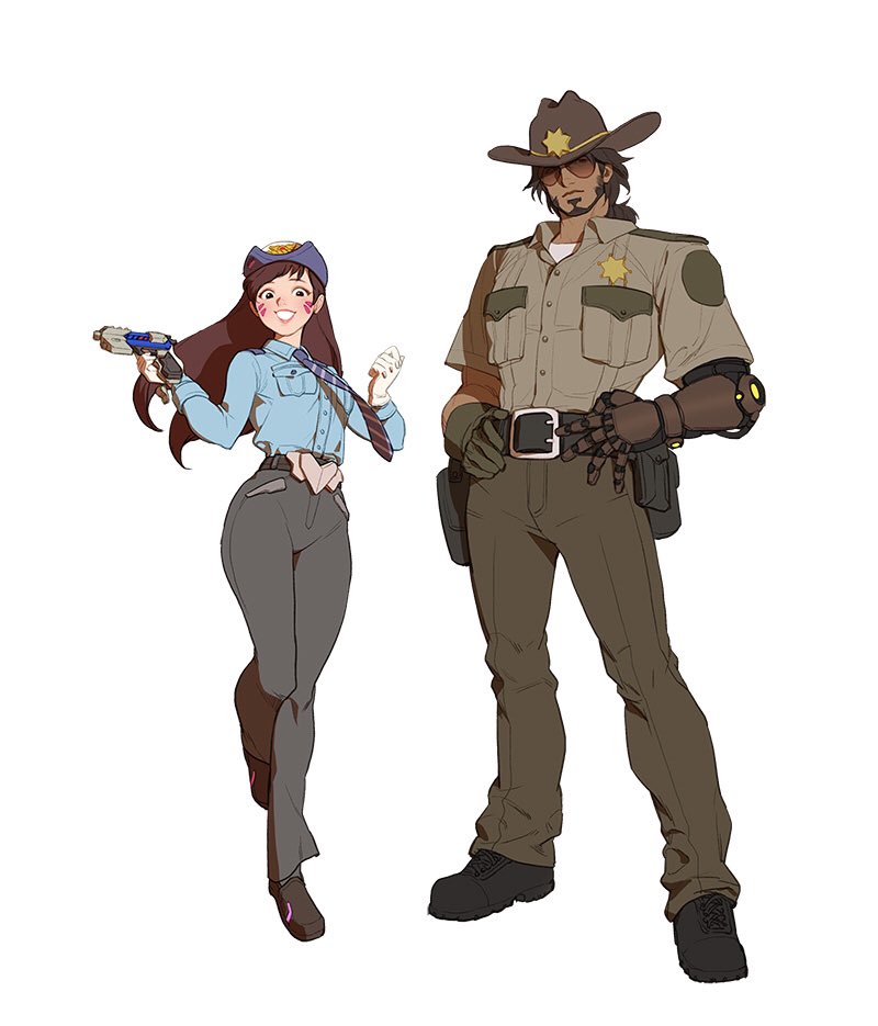1boy, 1girl, alternate_costume, beard, belt, black_footwear, blue_shirt, breast_pocket