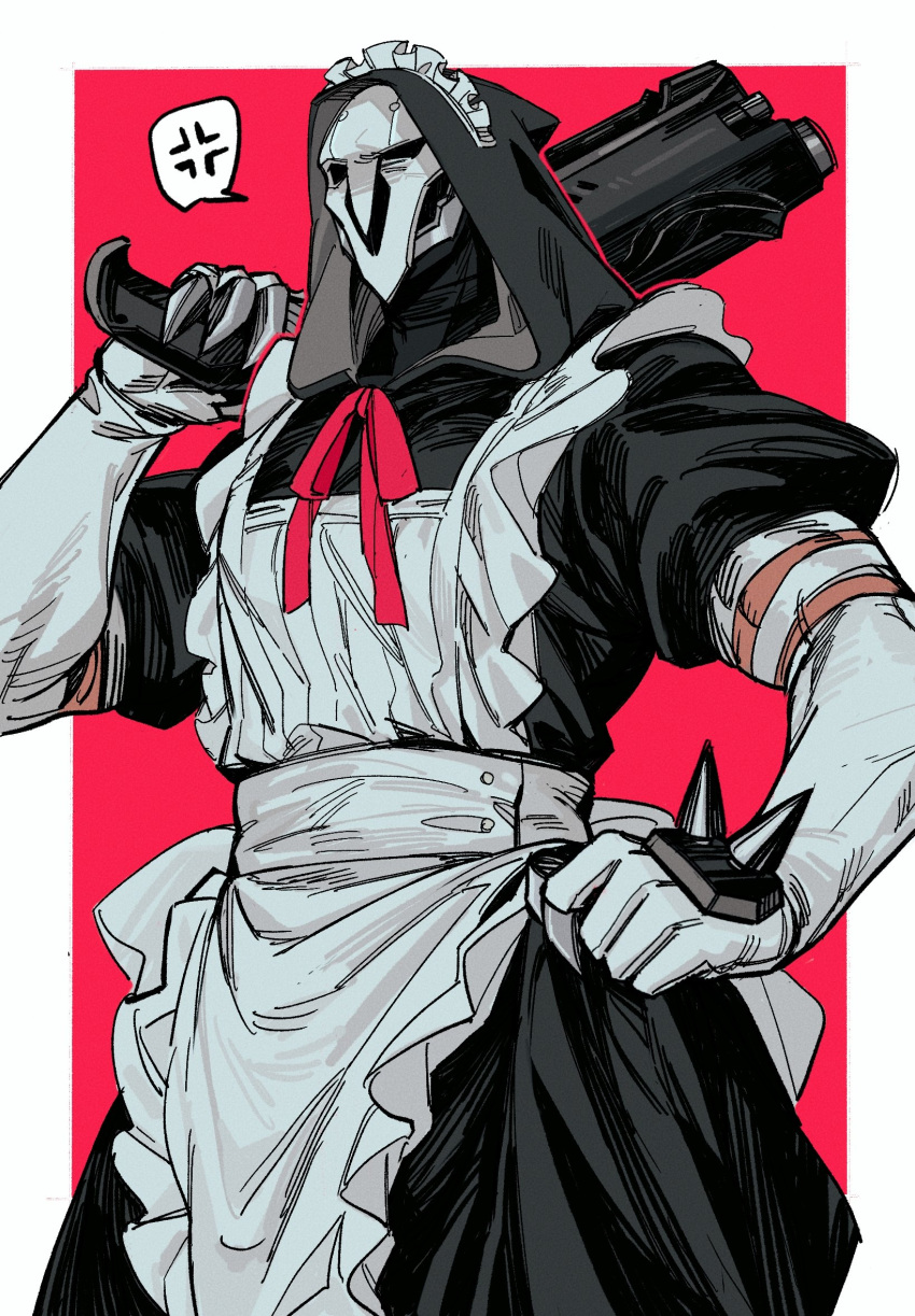 1boy, alternate_costume, anger_vein, apron, arm_belt, arm_up, belt, black_hood