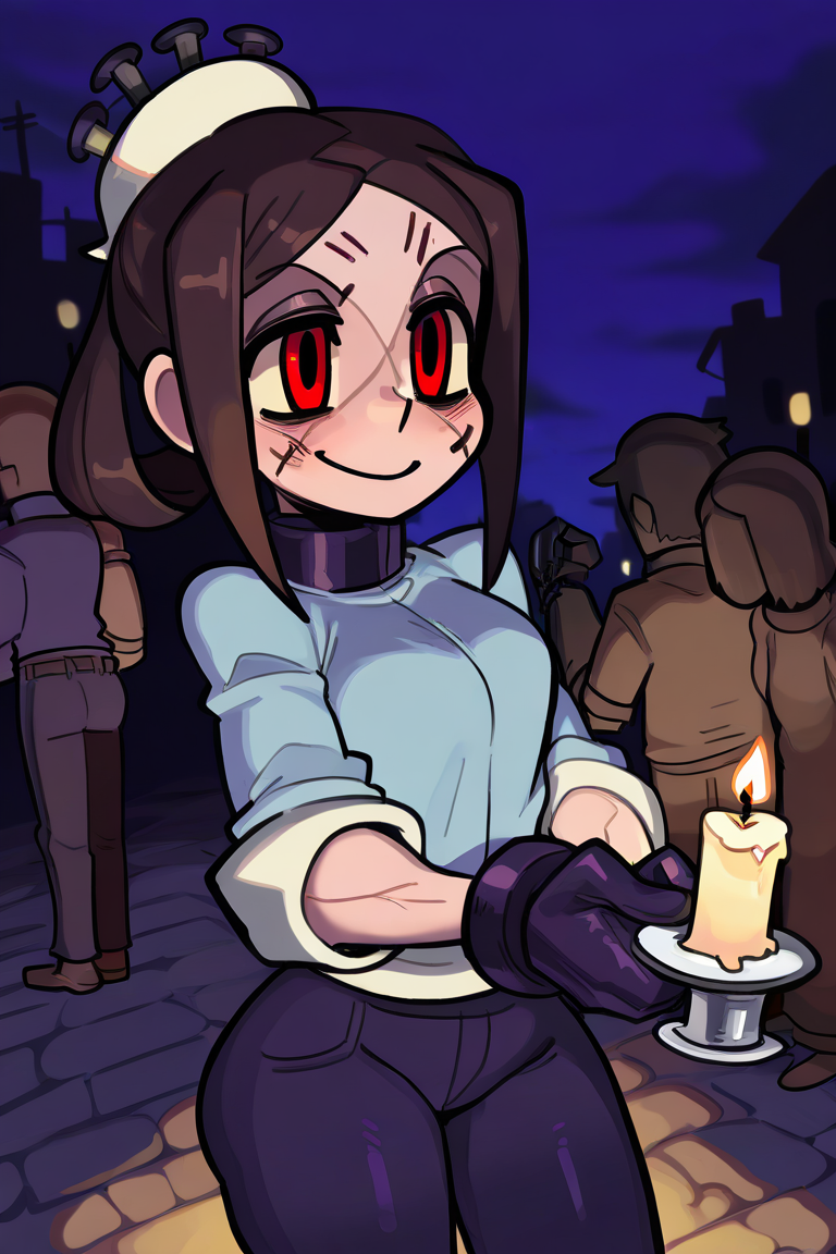 1girl, background, black_gloves, blue_jacket, blue_pants, faceless_people, holding_candle, multiple_people, night, painwheel_(skullgirls), red_eyes, skullgirls, smile