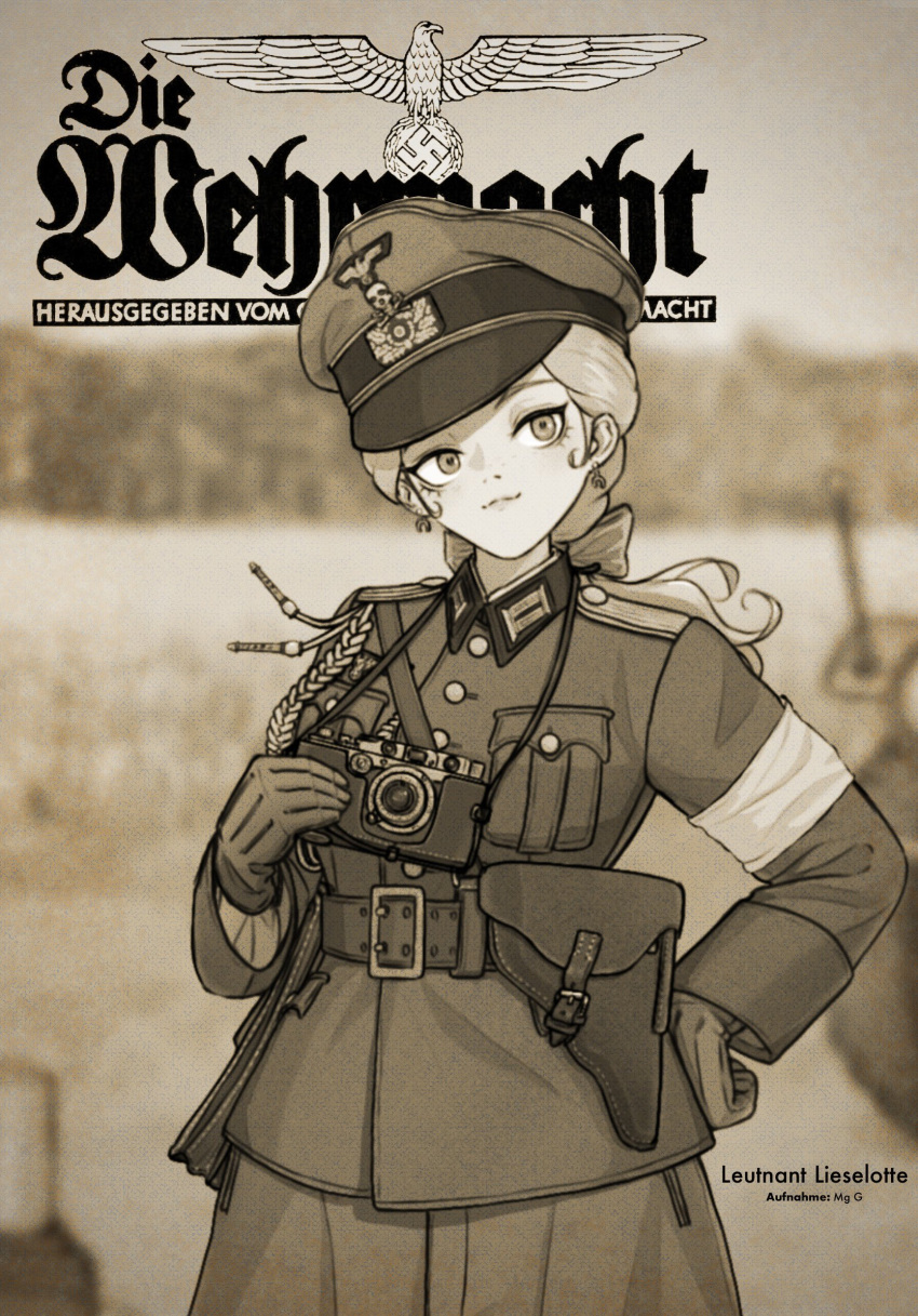 1girl, armband, belt, blurry, blurry_background, camera, collar_tabs, collared_jacket