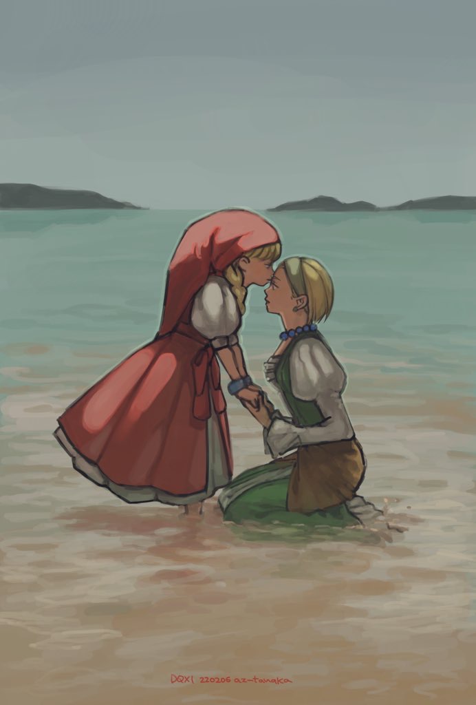 2girls, bead_necklace, beads, blonde_hair, bow, bracelet, braid, commentary_request, dragon_quest, dragon_quest_xi, dress, earrings, green_dress, green_hairband, hair_pulled_back, hairband, hat, holding_hands, hotaru1012, in_water, jewelry, juliet_sleeves, kiss, kissing_forehead, kneeling, long_sleeves, low_twin_braids, multiple_girls, necklace, ocean, official_alternate_hairstyle, outdoors, procreate_(medium), profile, puffy_short_sleeves, puffy_sleeves, red_bow, red_dress, red_hat, senya_(dq11), short_hair, short_sleeves, siblings, sisters, sky, stud_earrings, twin_braids, twins, veronica_(dq11), waist_bow, water