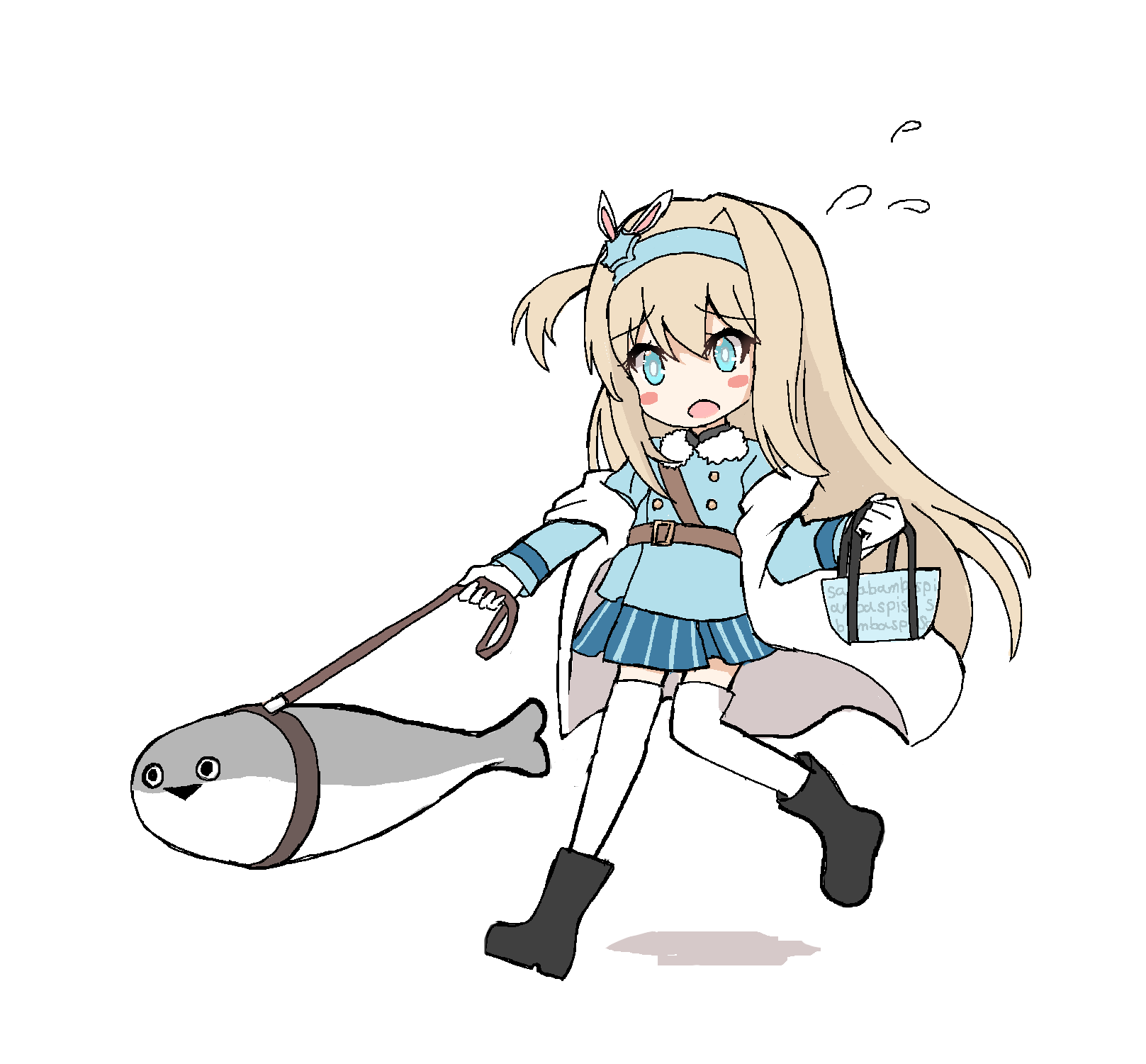 1girl, aliage, aqua_eyes, bag, black_footwear, blonde_hair, blue_skirt, blush_stickers
