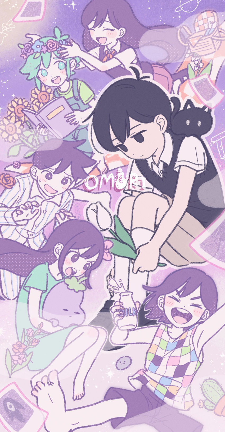 2girls, 4boys, :d, ^_^, absurdres, animal_on_shoulder, antenna_hair, aubrey_(headspace)_(omori), aubrey_(omori), bare_arms, bare_shoulders, barefoot, basil_(headspace)_(omori), basil_(omori), basket, black_cat, black_eyes, black_footwear, black_hair, black_sweater_vest, blue_flower, blue_overalls, blush, book, bottle, bow, brother_and_sister, brothers, brown_shorts, buttons, cactus, cat, checkered_clothes, closed_eyes, closed_mouth, collared_shirt, colored_skin, commentary_request, copyright_name, dot_nose, double-parted_bangs, dress, empty_eyes, facing_another, fingernails, flower, flower_pot, flower_wreath, gladiolus, green_dress, green_eyes, green_hair, green_shirt, hair_behind_ear, hair_between_eyes, hair_bow, halftone, head_wreath, hector_(omori), hero_(headspace)_(omori), hero_(omori), highres, holding, holding_book, holding_bottle, holding_flower, holding_stuffed_toy, kel_(headspace)_(omori), kel_(omori), kneehighs, knees_together_feet_apart, knees_up, lily_of_the_valley, loafers, long_hair, long_sleeves, looking_at_another, looking_to_the_side, mari_(headspace)_(omori), mari_(omori), mewo, mikuni_(open-ranka), milk_bottle, mr._plantegg_(omori), multiple_boys, multiple_girls, neckerchief, no_pupils, omori, open_mouth, outline, overall_shorts, overalls, pet_rock, photo_(object), picnic_basket, picnic_blanket, pink_bow, pink_flower, pink_rose, purple_background, purple_flower, purple_hair, purple_rose, purple_shorts, purple_sweater_vest, red_flower, red_neckerchief, red_rose, rock, rose, round_teeth, shirt, shoes, short_hair, short_sleeves, shorts, siblings, simple_background, sitting, smile, socks, something_(omori), sparkle, striped_clothes, stuffed_eggplant, stuffed_toy, sunflower, sunny_(omori), sweatdrop, sweater_vest, tank_top, teeth, tongue, tulip, upper_teeth_only, v-shaped_eyebrows, vertical-striped_clothes, violet_eyes, white_flower, white_outline, white_shirt, white_skin, white_socks, white_tulip