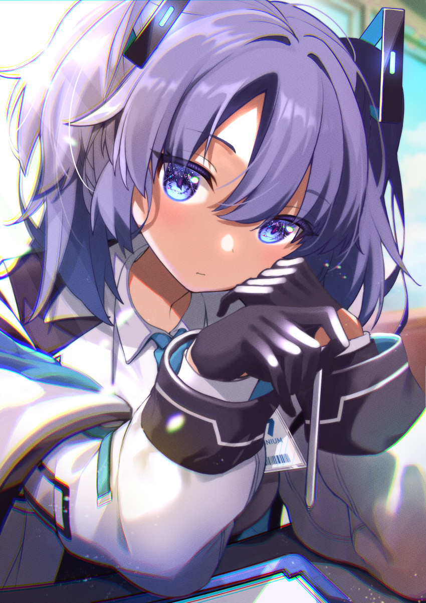 1girl, absurdres, black_gloves, blue_archive, blue_eyes, blue_necktie, blurry, blurry_background