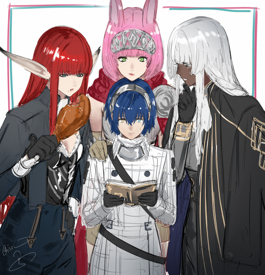 1boy, 3girls, animal_ears, black_gloves, blue_eyes, blue_hair, blunt_bangs, book