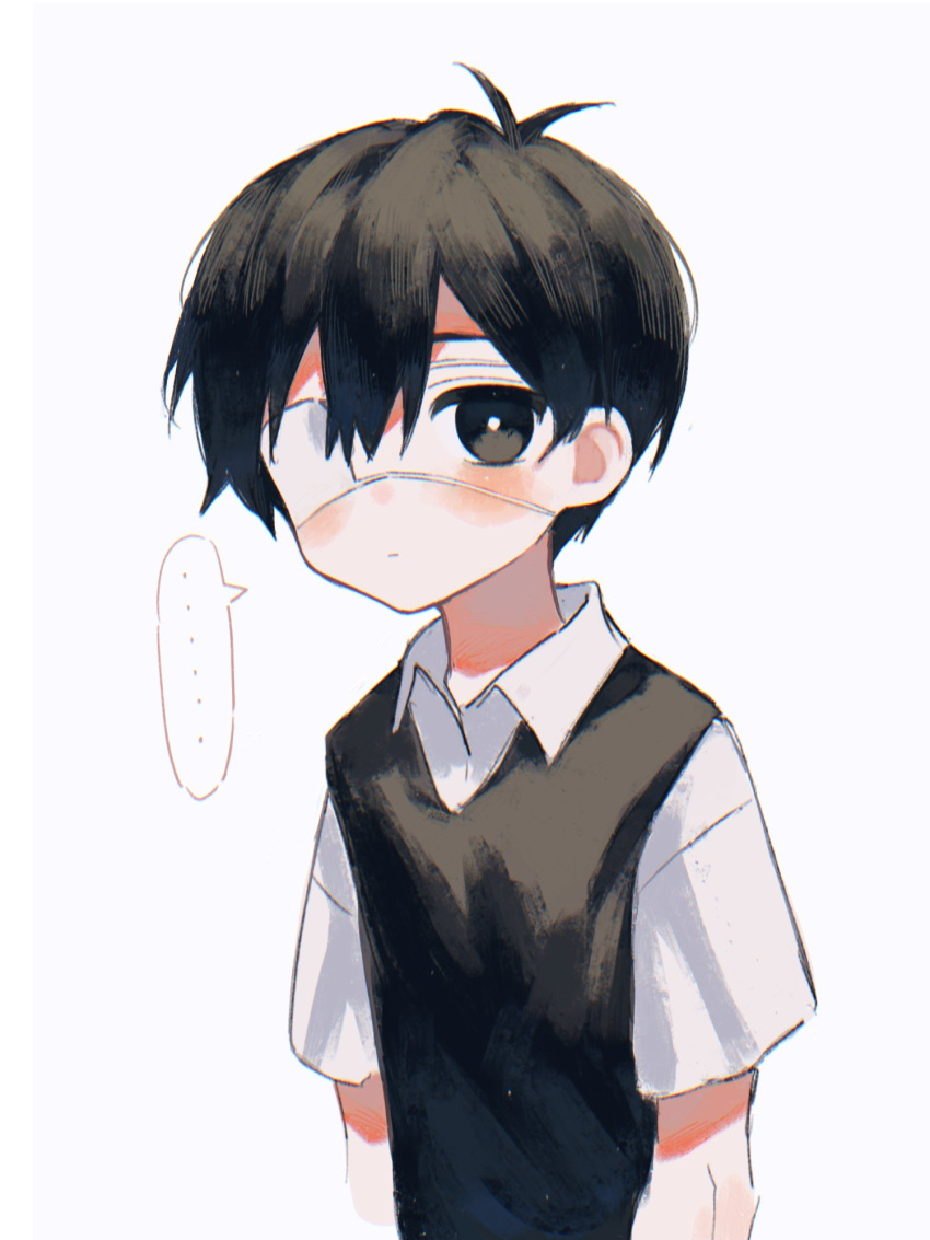 ..., 1boy, antenna_hair, arms_at_sides, black_eyes, black_hair, black_sweater_vest, blush