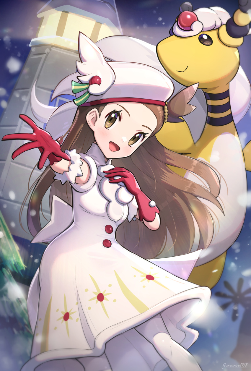 ampharos, brown_eyes, brown_hair, dress, eyelashes, gloves, gonzarez, hat