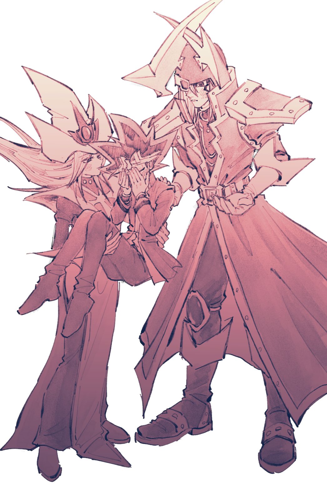 1girl, 2boys, armor, carrying, closed_eyes, covering_face, fake_horns, gloves
