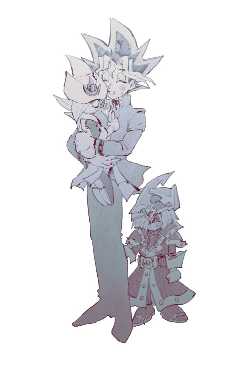 1girl, 2boys, carrying, child, closed_eyes, duel_monster, fake_horns, hat