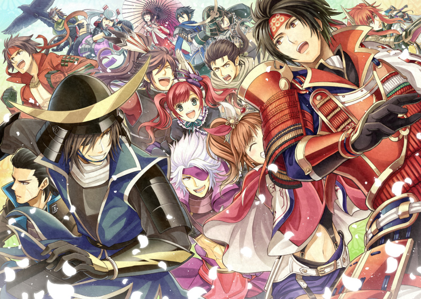 4girls, 6+boys, :d, :o, ^_^, aqua_eyes, armor, azai_nagamasa_(sengoku_basara)