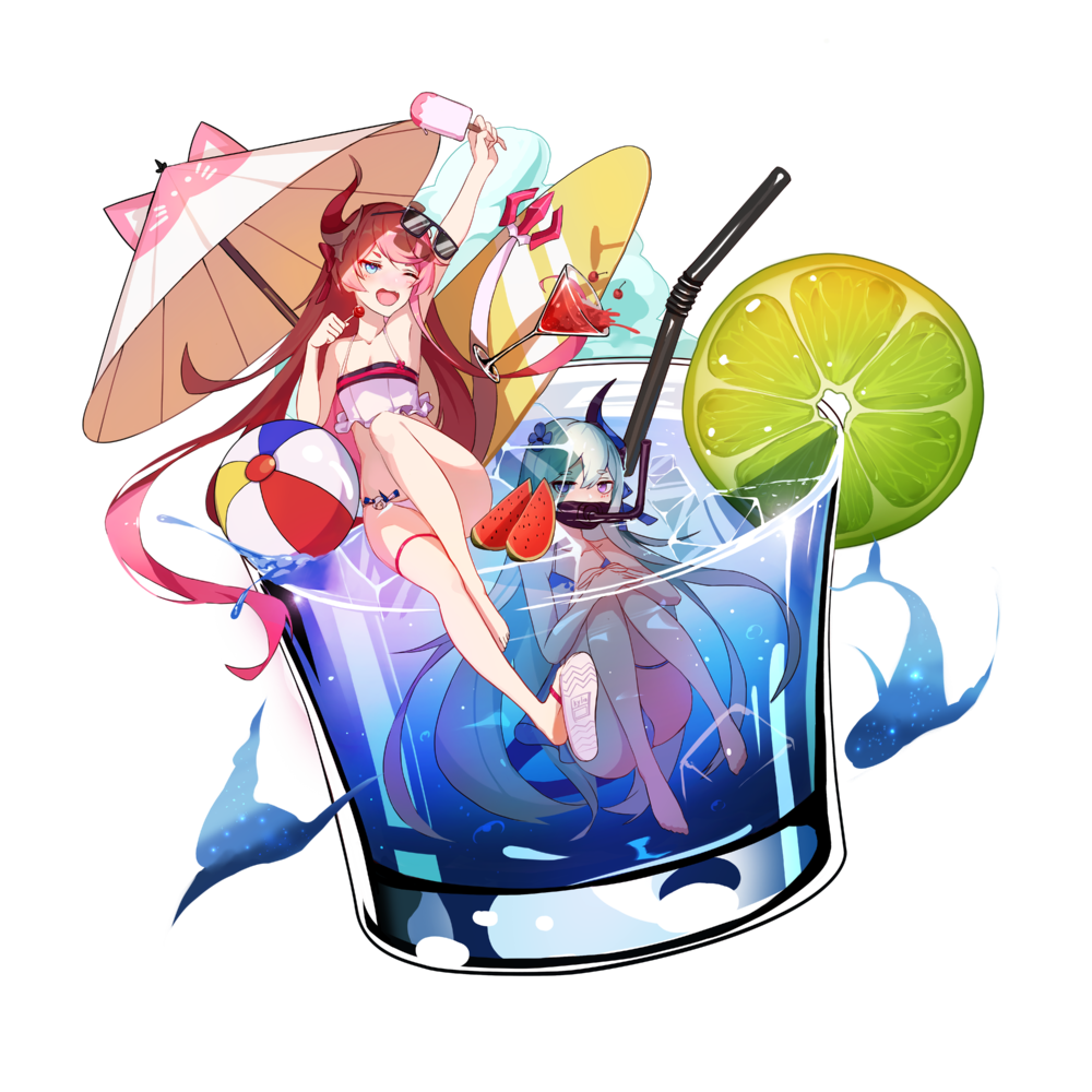 2girls, ball, beach_umbrella, beachball, bikini, blue_eyes, blue_hair, cup