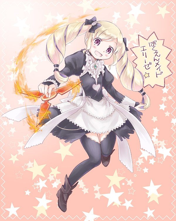 1girl, alternate_costume, apron, black_dress, black_thighhighs, blonde_hair, cosplay, dress, drill_hair, elise_(fire_emblem), fire_emblem, fire_emblem_fates, maid, maid_(fire_emblem), maid_(fire_emblem)_(cosplay), maid_apron, mizuna_tomomi, multicolored_hair, open_mouth, purple_hair, shuriken, streaked_hair, thigh-highs, translation_request, twin_drills, twintails, violet_eyes, weapon, white_apron, white_wrist_cuffs, wrist_cuffs