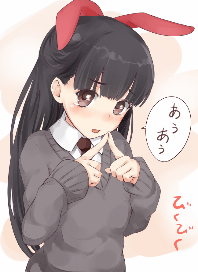 1girl, animal_ears, blush, bow, brown_eyes, brown_necktie, collared_shirt, commentary_request, fake_animal_ears, grey_sweater, hands_up, keshouin_asuka, long_hair, long_sleeves, looking_at_viewer, monochrome_background, necktie, open_mouth, orange_background, red_bow, school_uniform, shin_(highest1192), shirt, sleeves_past_wrists, solo, speech_bubble, sweater, toaru_majutsu_no_index, toaru_majutsu_no_index:_new_testament, translation_request, upper_body, v-neck, white_shirt