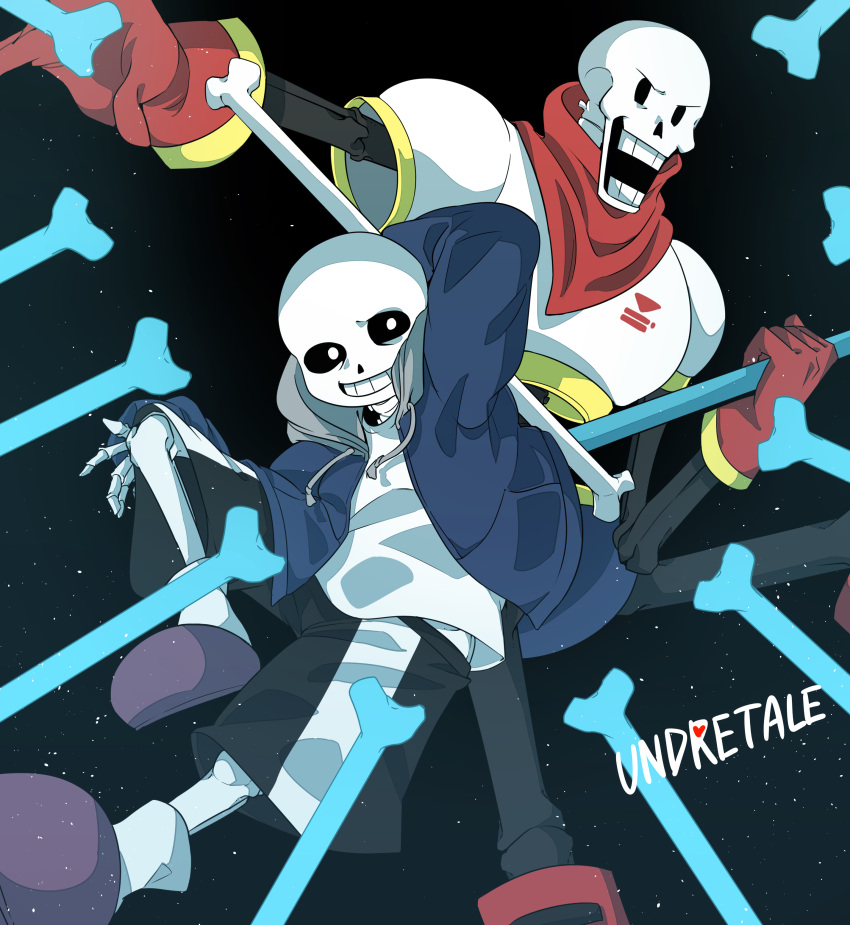 2023, 2boys, 2d, black_background, black_shorts, blue_jacket, blue_shorts, bone, boots, brothers, cape, copyright_name, dark_background, digital_media, drawstring, duo, feet_out_of_frame, foot_up, gloves, grey_hood, highres, holding, holding_bone, hood, hood_down, hooded_jacket, humanoid, jacket, leg_up, male, male_focus, male_only, monster, monster_boy, outstretched_arm, papyrus_(undertale), purple_slippers, red_boots, red_cape, red_gloves, sans_(undertale), shorts, siblings, simple_background, skeleton, slippers, socks, striped_clothes, striped_shorts, text, tuku_rugk, typo, undead, undertale, utdr_(toby_fox), white_socks, white_stripes