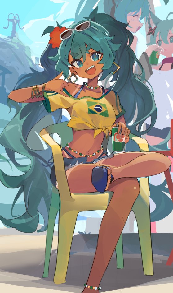 1girl, :d, alternate_skin_color, aqua_eyes, aqua_hair, beach, bikini, bikini_under_clothes